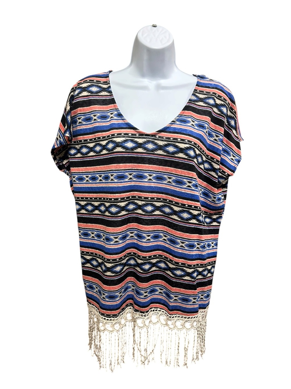 Concent Southwestern Aztec Print Fringe Tunic Top Size XL